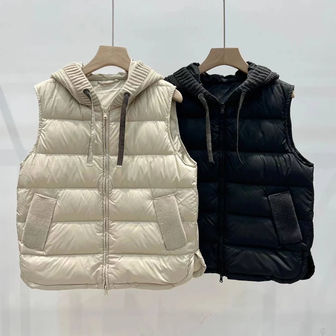 2024 Inverno Nuove donne Abbigliamento Catena di perle, piumino imbottito in piuma d\'oca bianca, gilet con cappuccio 1021