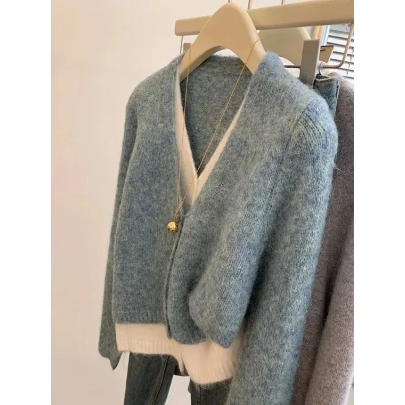 

Korean Sle Loose Knitted Sweater V-Ne Open Cardigan Spring Autumn New Sle Ele Aosphere Fake Two-Piece Long Sve