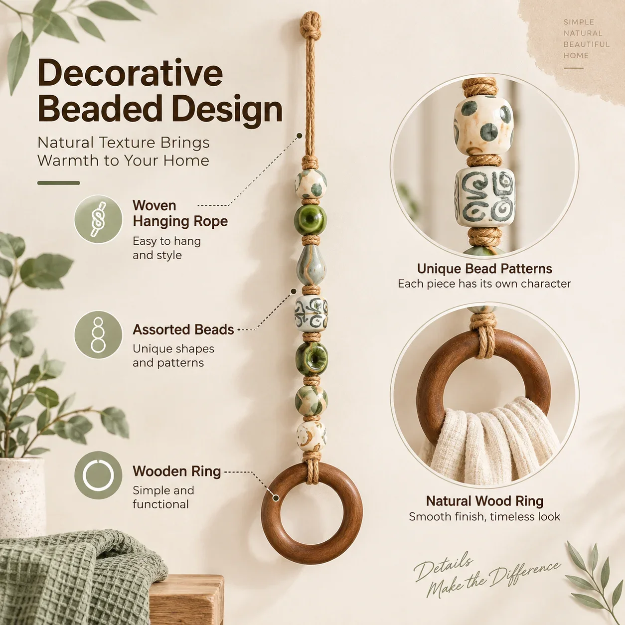 Round Beaded Towel Rack Beaded Towel Hanger Hand Towel Holder for Bathroom & Kitchen Decor Rustic Wood Bead Hand Hanging Holder
