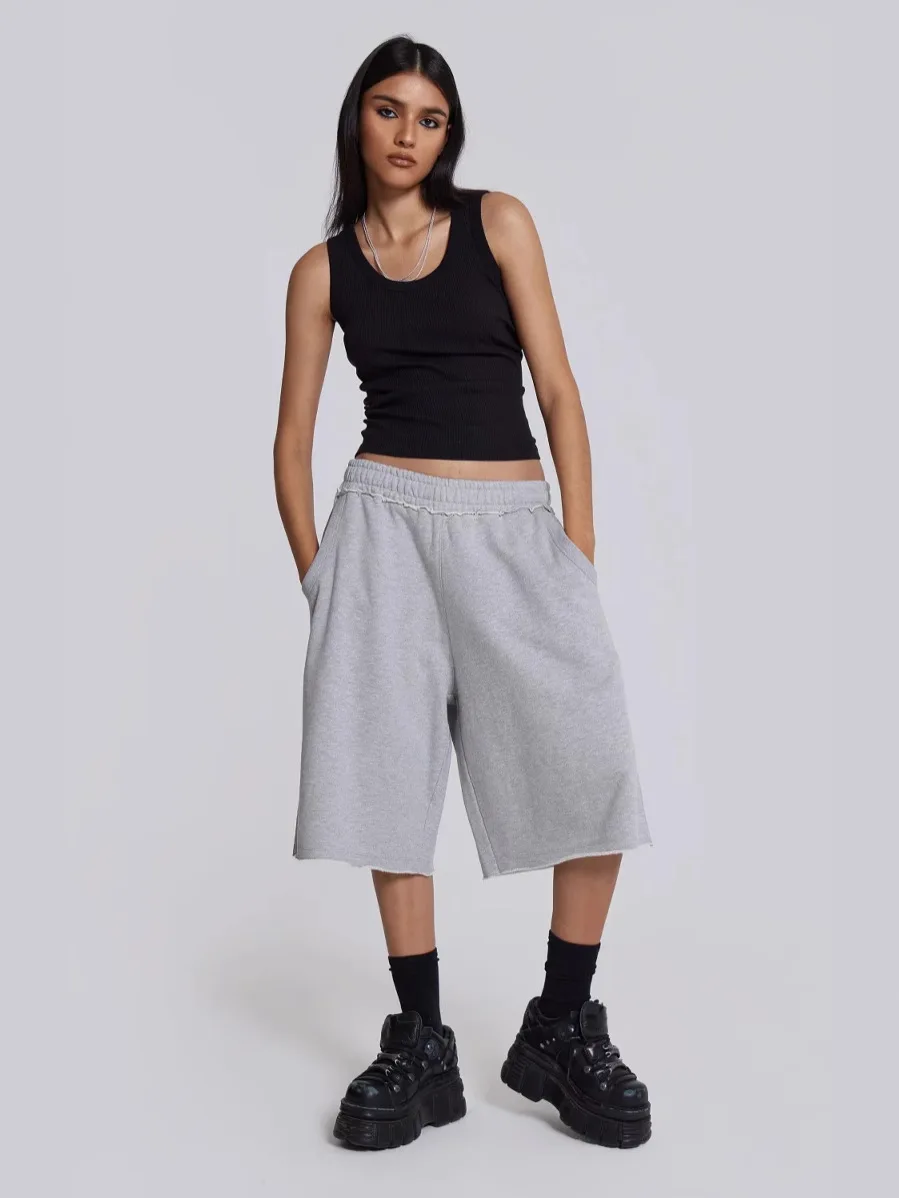 Women Gray Baggy Jogger Shorts Y2K Casual Wide Leg Sport Shorts Oversized Basic Fashion Jogger Short Pants Streetwear