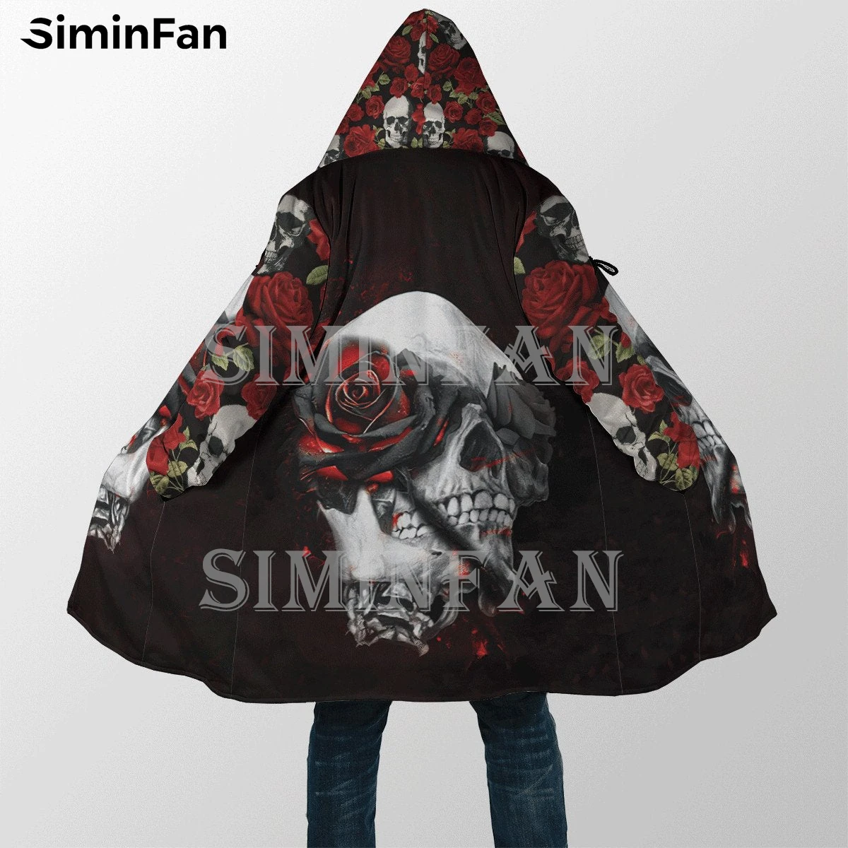 Fire Skull Rose Flower 3D Print Men Hooded Cloak Windbreaker Winter Thick Flannel Coat Unisex Casual Cashmere Warm Cape Jacket 2