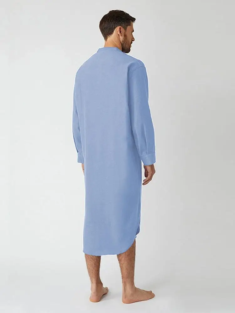 Faionable Spring Summer Long Sve Button up Pure Color round Ne irt Loose Arab Robe for Men Home Wear Cotton Blend Kn...
