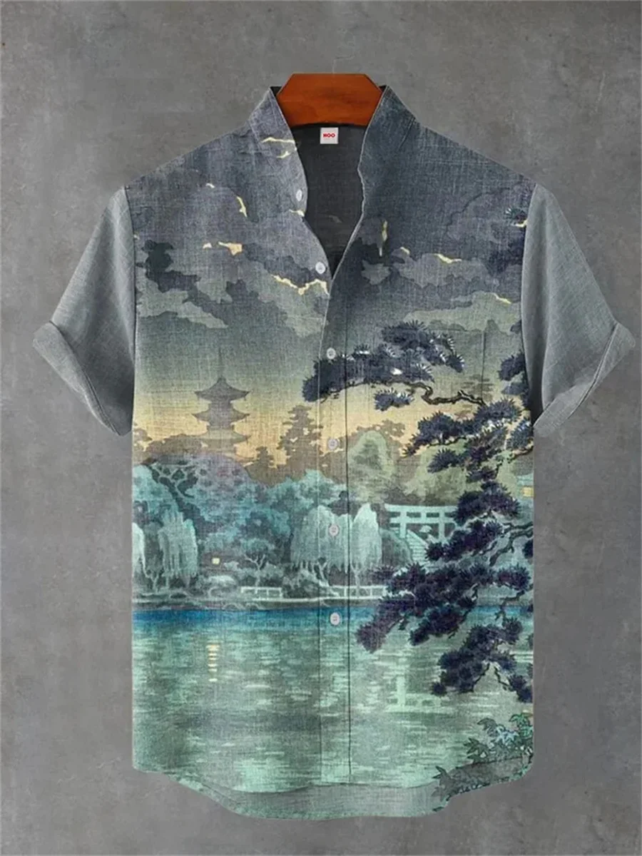 2025 3D Printed Linen Art Print Shirt Summer Casual Men's Button Short Sleeve Top Street Fashion Vintage Shirt