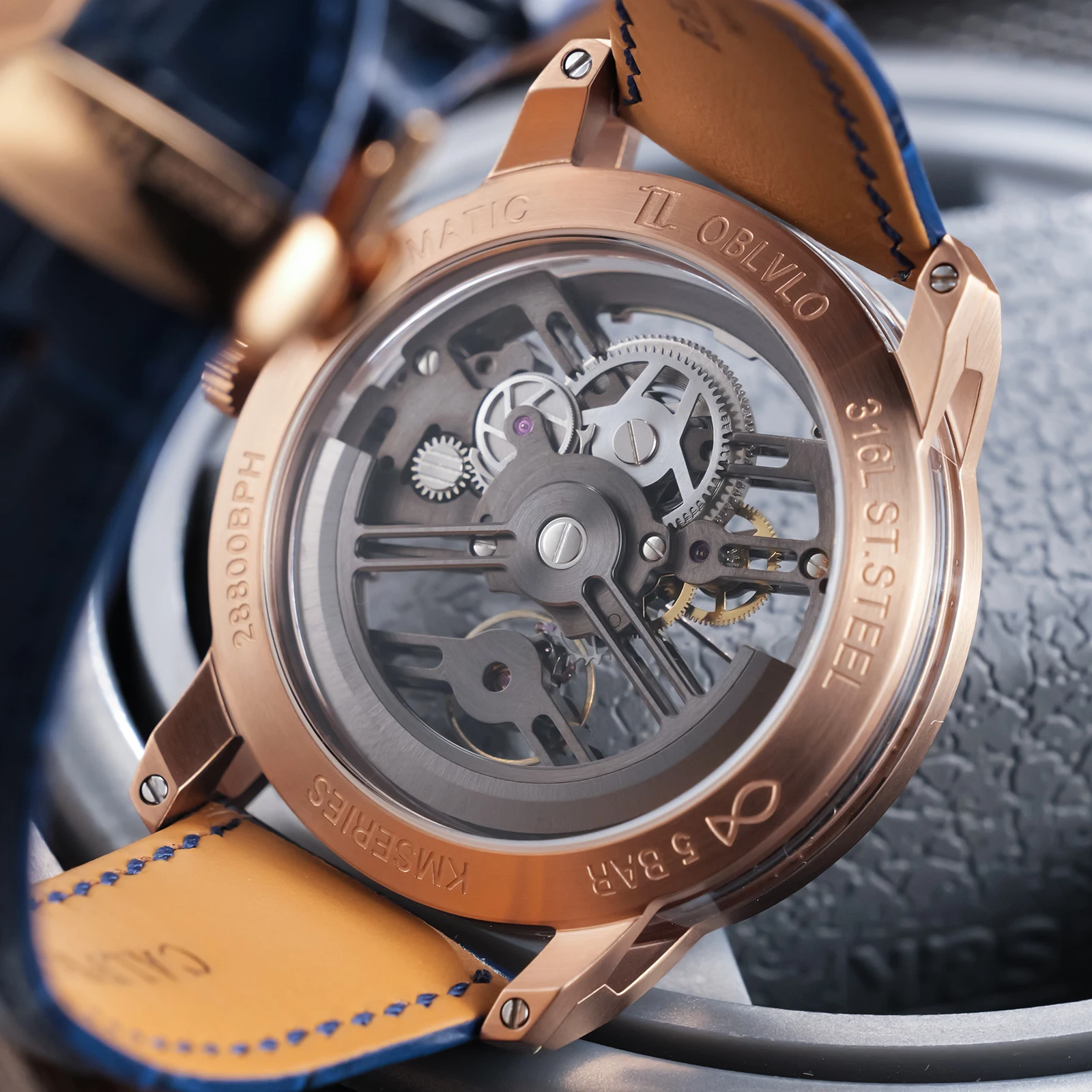 OBLVLO Luxury Men Mechanical Watch Hollow-out Rose Gold Transparent Luminous Leather Automatic WristWatch Relogio Masculino KM-S