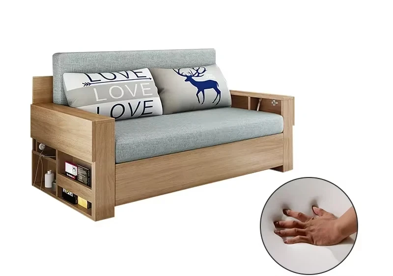 Solid Wood Sofa Bed Small Apartment Multi-Functional Living Room Push-Pull Foldable Internet  Double  Sofa Bed Dual-Use
