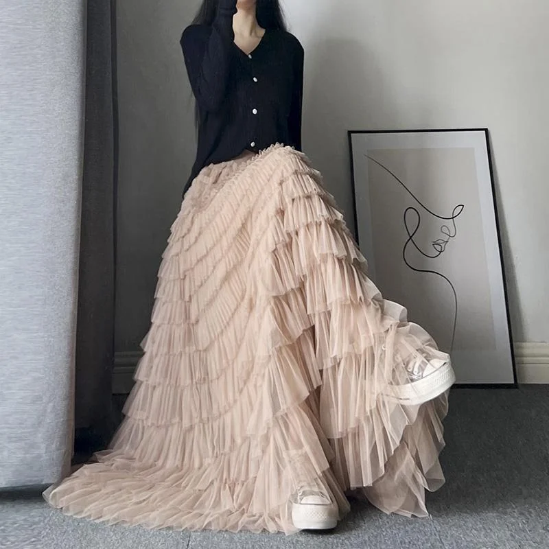 Summer Heavy Work Mesh Skirt Women's High Waist A-Line Midi Skirt Super Long Cake Skirt Polyester Fabric Non-Stretchy