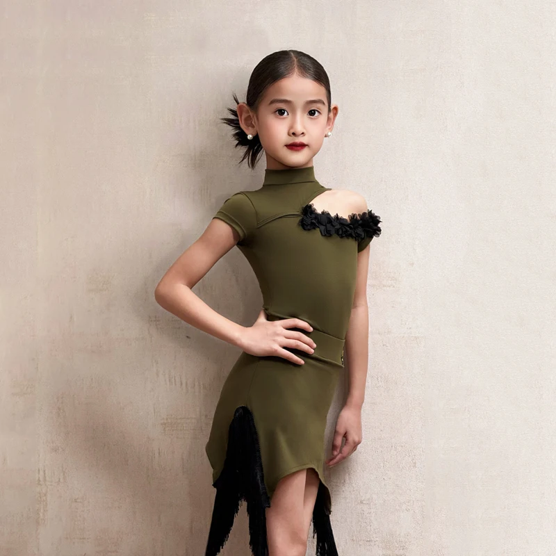 Latin dance costume for girls: fringe skirt with short-sleeved bodysuit, practice, performance, and show wear