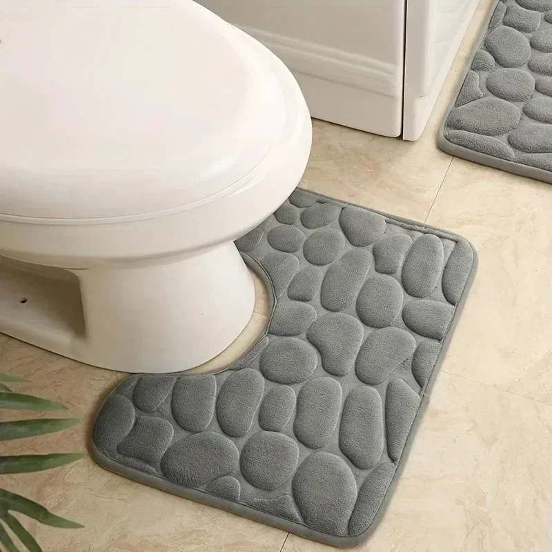 Solid Color Bathroom Mat U-shaped Absorbent Toilet Rugs Cobblestone Embossed Bathroom Decor Floor Mat Coral Fleece Non-slip Bath