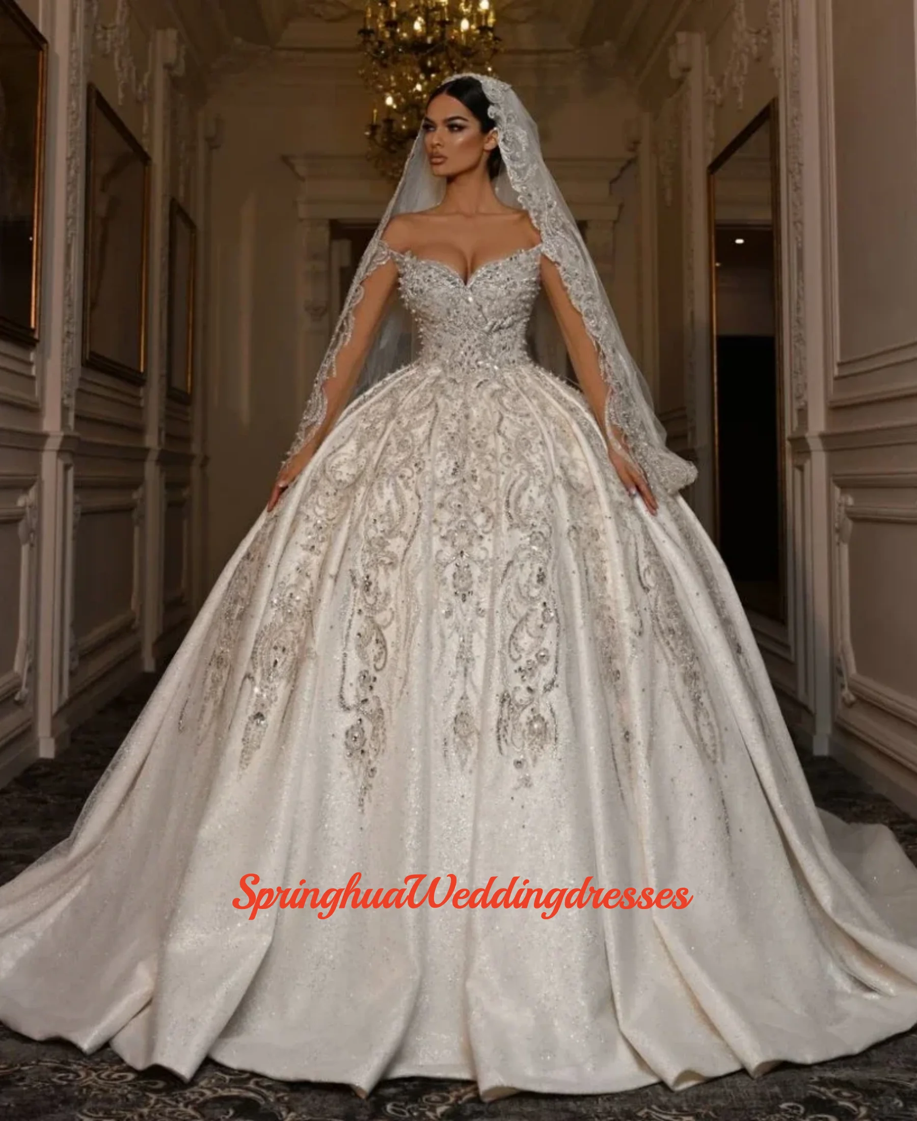 

Customzied Princess Beaded Wedding Dress Charming Sweetheart Neck Bridal Gown Shiny Off Shoulder Dresses For Bride Vestido de