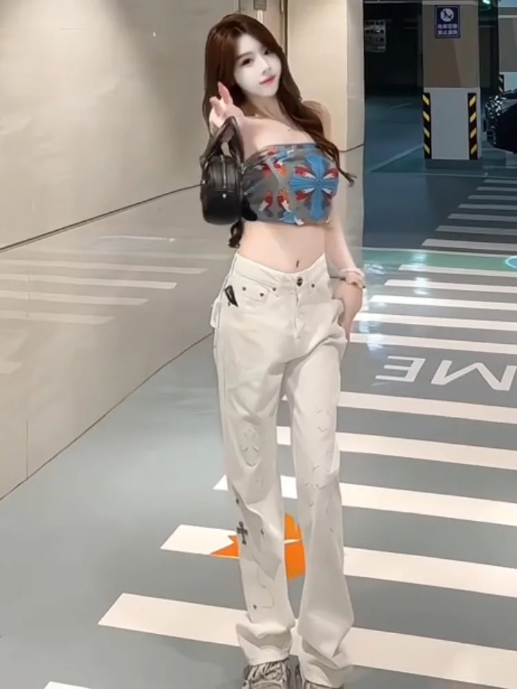 

Heavy Duty Rivet Leather Patchwork High Waist Straight Leg White Denim Jeans Women's Autumn New Slim Wide Leg Pants