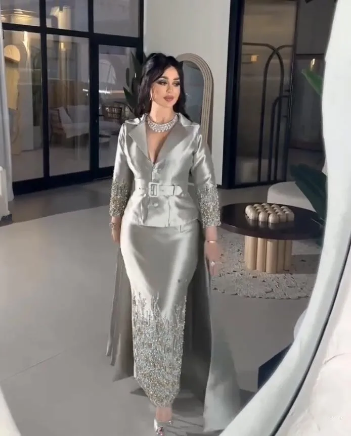 Silver Grey Saudi Prom Dresses with Overskirt Sparkly Crystal Customsized Long Sleeve Arabic Dubai Evening Occasion Gown