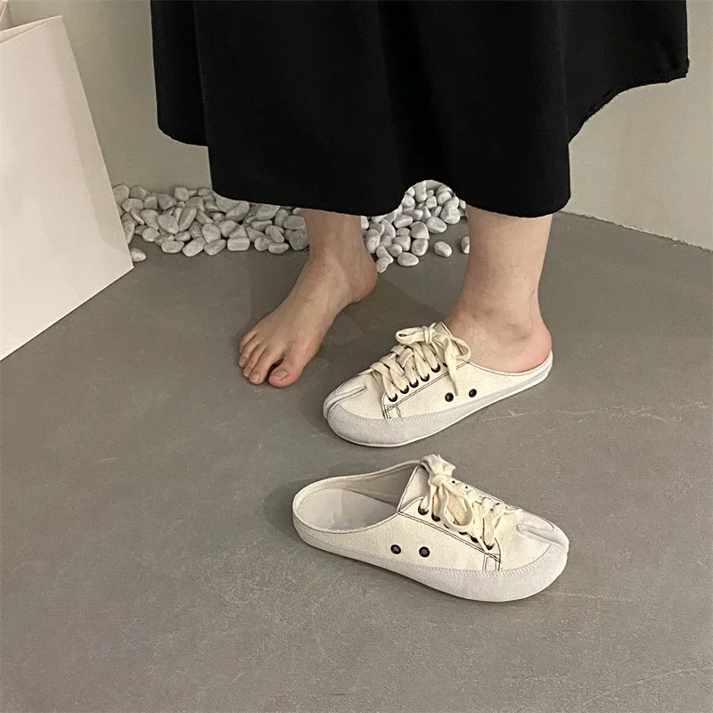 Lace Up Fashion Canvas Shoes Split Toe Vulcanize Footwear 2024 New Leisure Women Flats Spring Autumn Slip On Cozy Zapatos Mujer