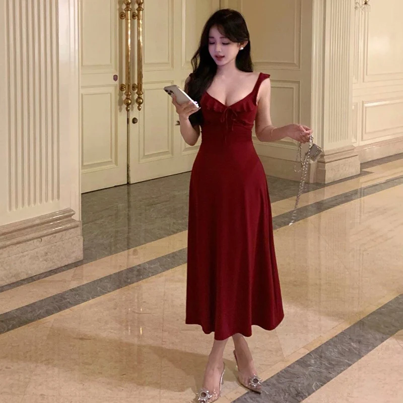 Damen Burgunderrotes Vintage Rückenfreies Sexy Trägerkleid Elegantes Rüschen-Strandkleid Sommerliches Party- und Urlaubskleid