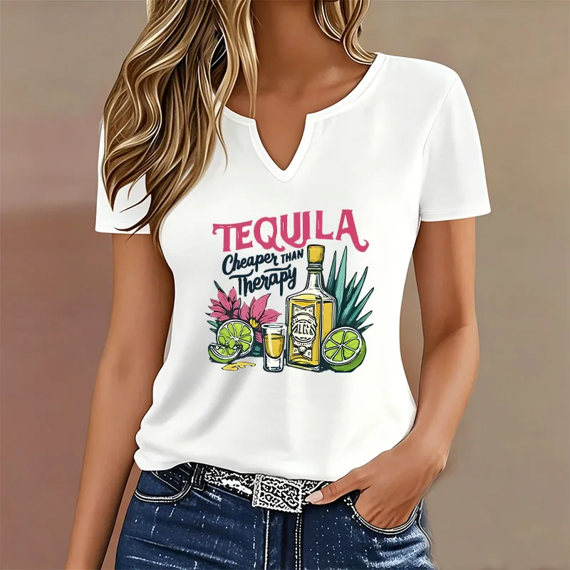 Fashion Casual Y2k Drink Tequila Print T Shirts Women Short Sleeve Tee Shirt V-Neck Summer Spring T-shirt V Neck