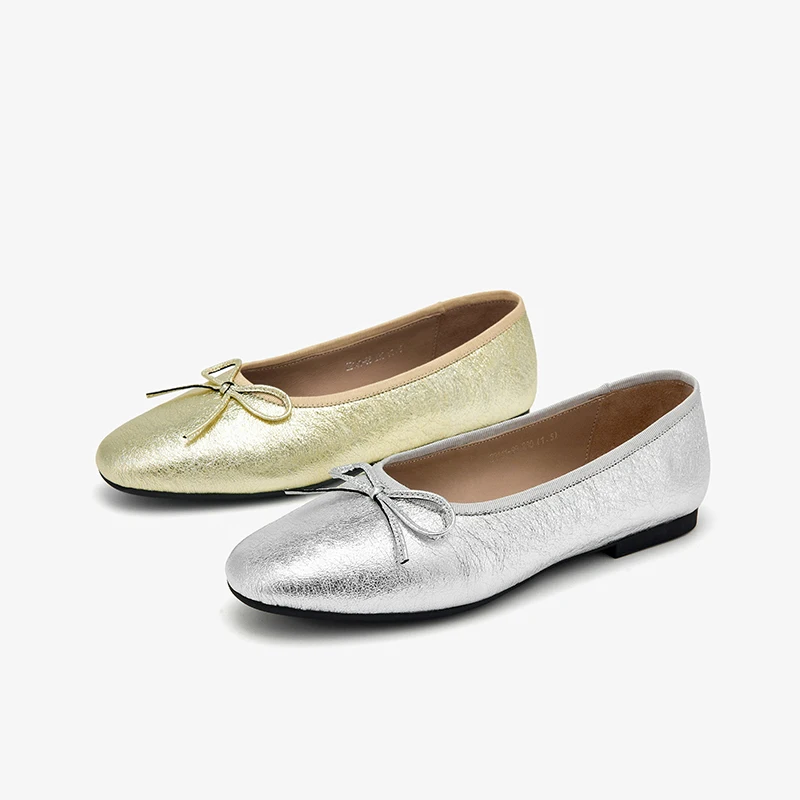 BEAUTODAY Silver Flats Women Genuine Cow Leather Bowknot Decoration Slip-on Graceful Ladies Party Shoes Handmade 22141