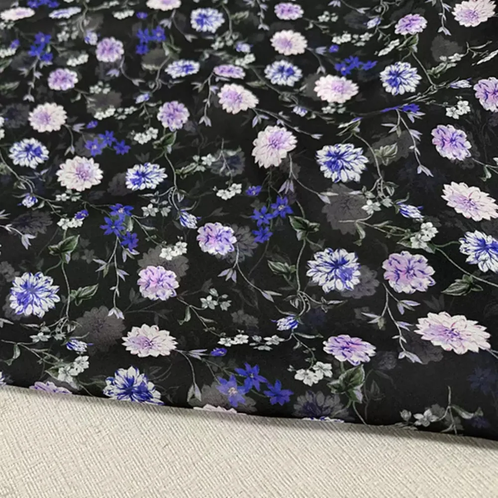

New Beautiful Black Base Pink Flower Design Digital Printing Style Soft Feeling Georgette Fabric for Women Summer Holiday Dress