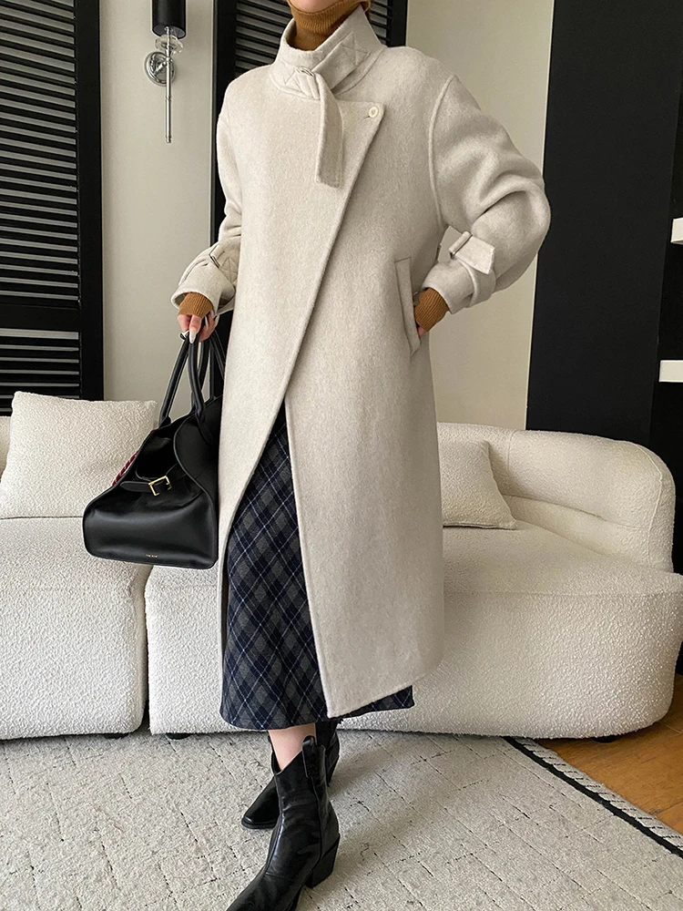 FANAN-abrigos elegantes de lana 100% para mujer, cuello levantado, cinturón, cintura recogida, prendas de vestir largas gruesas y cálidas, moda de invierno 2025