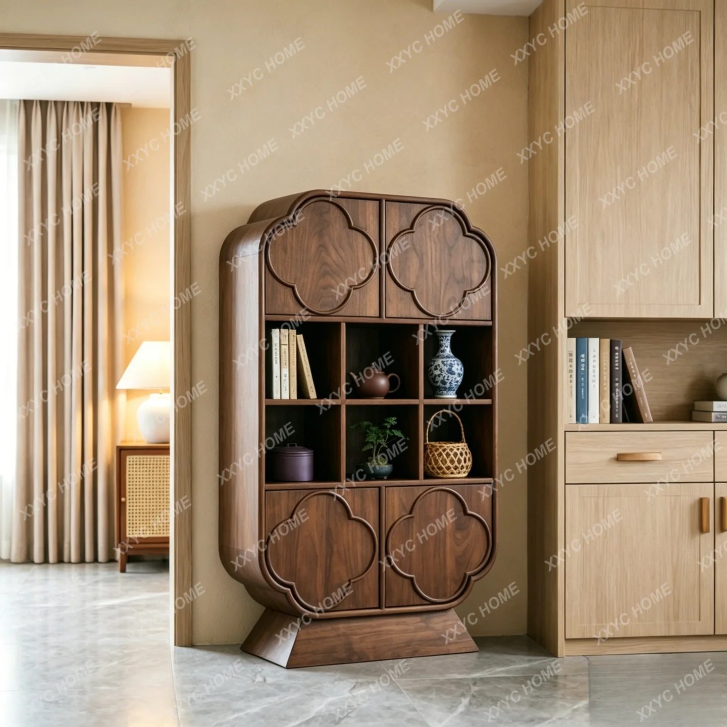 New Chinese solid wood Bogu frame wabi-sandy wind ornament study tenon and mortise structure display cabinet