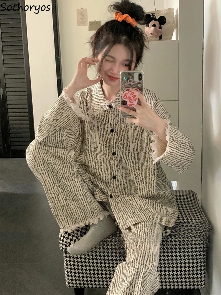 Turn-down Collar Pajama Sets Women Striped Slouchy Trendy Warm Tassel Design Loungewear Autumn Winter Baggy Cozy Temper Popular