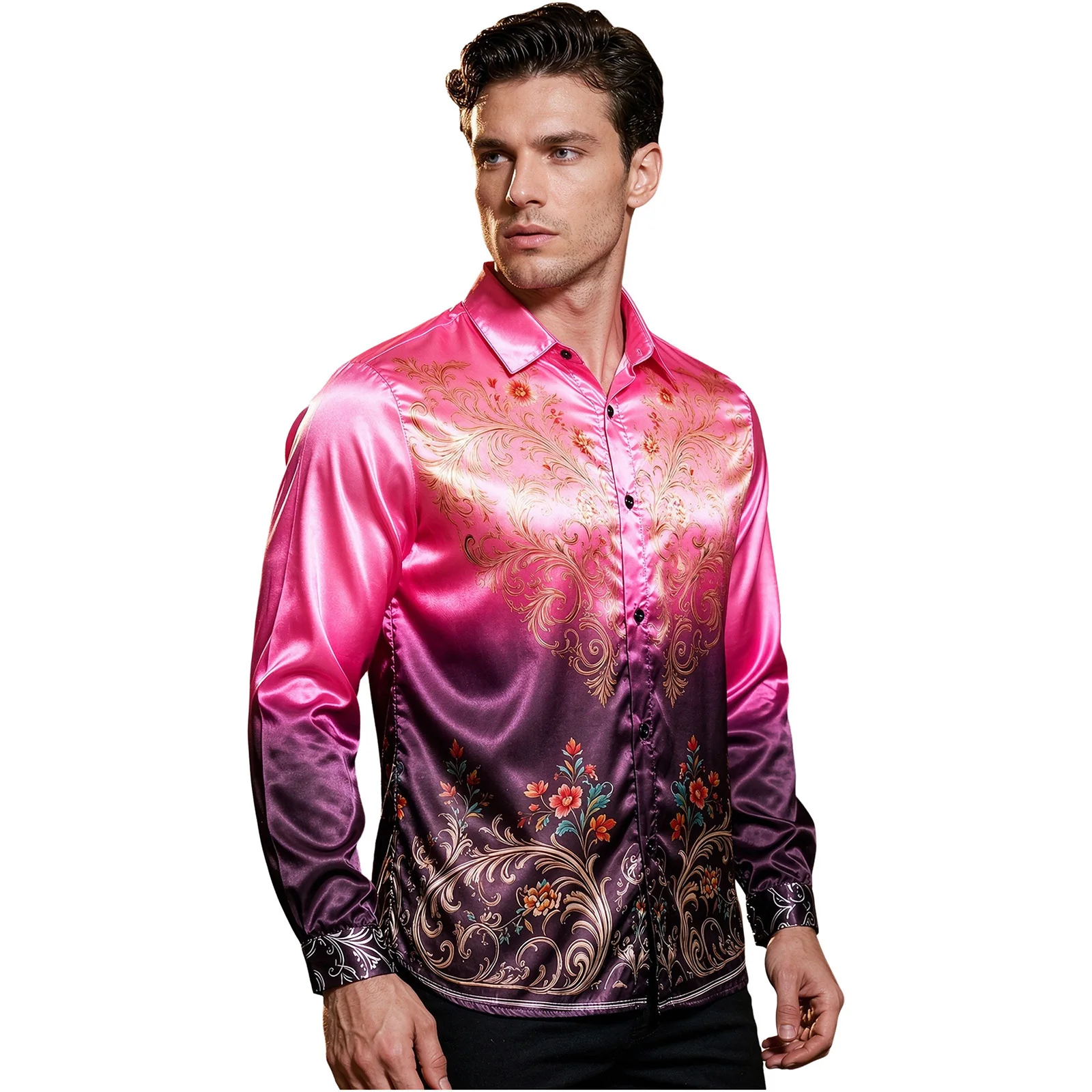 Men Retro Floral Print Satin Shirt Long-sleeve Lapel Button Top for Disco Hippie Cowboy Daily Wear Beach Vacation Birthday Party