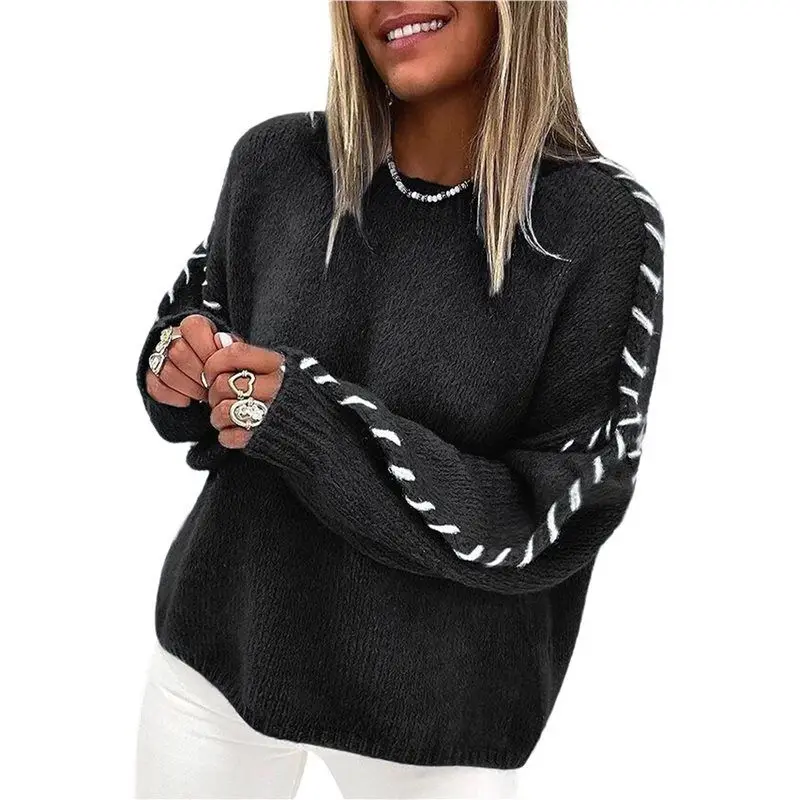 

ABRT-Females Oversized Sweaters Contrast Stitching Crewneck Sweater Cable Knit Pullover Jumper Pullovers Black XL