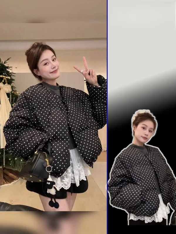 

Женская зимняя теплая куртка больших размеров в стиле ретро с круглым вырезом, в горошек, из утолщенного хлопка, короткая, в корейском стиле