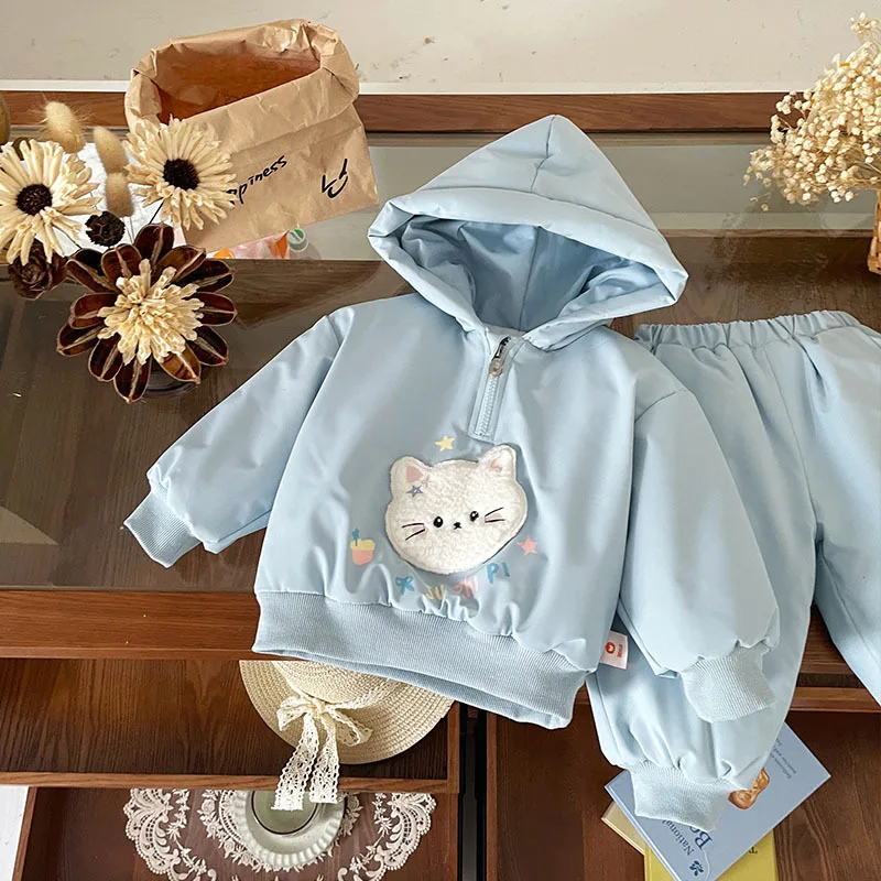 

In-stock Girls' Fleece-lined Thickened Children's Set2025Autumn and Winter New Fleece Cat Hooded Long Pants Set