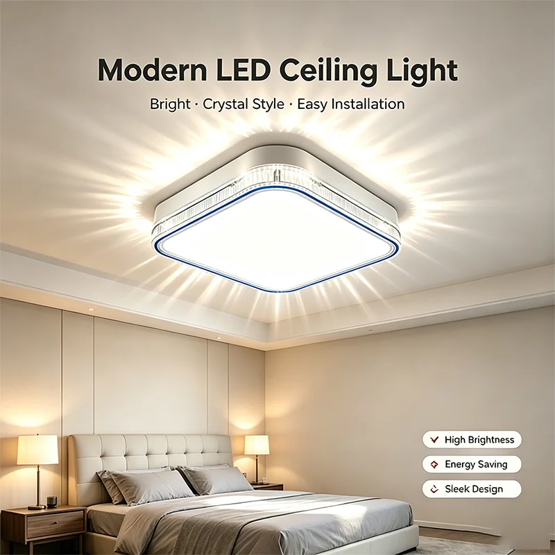 Square LED Ceiling Light Modern Crystal Border Flush Mount Lamp 24W 36W 48W Blue Decorative Line Indoor Lighting for Bedroom