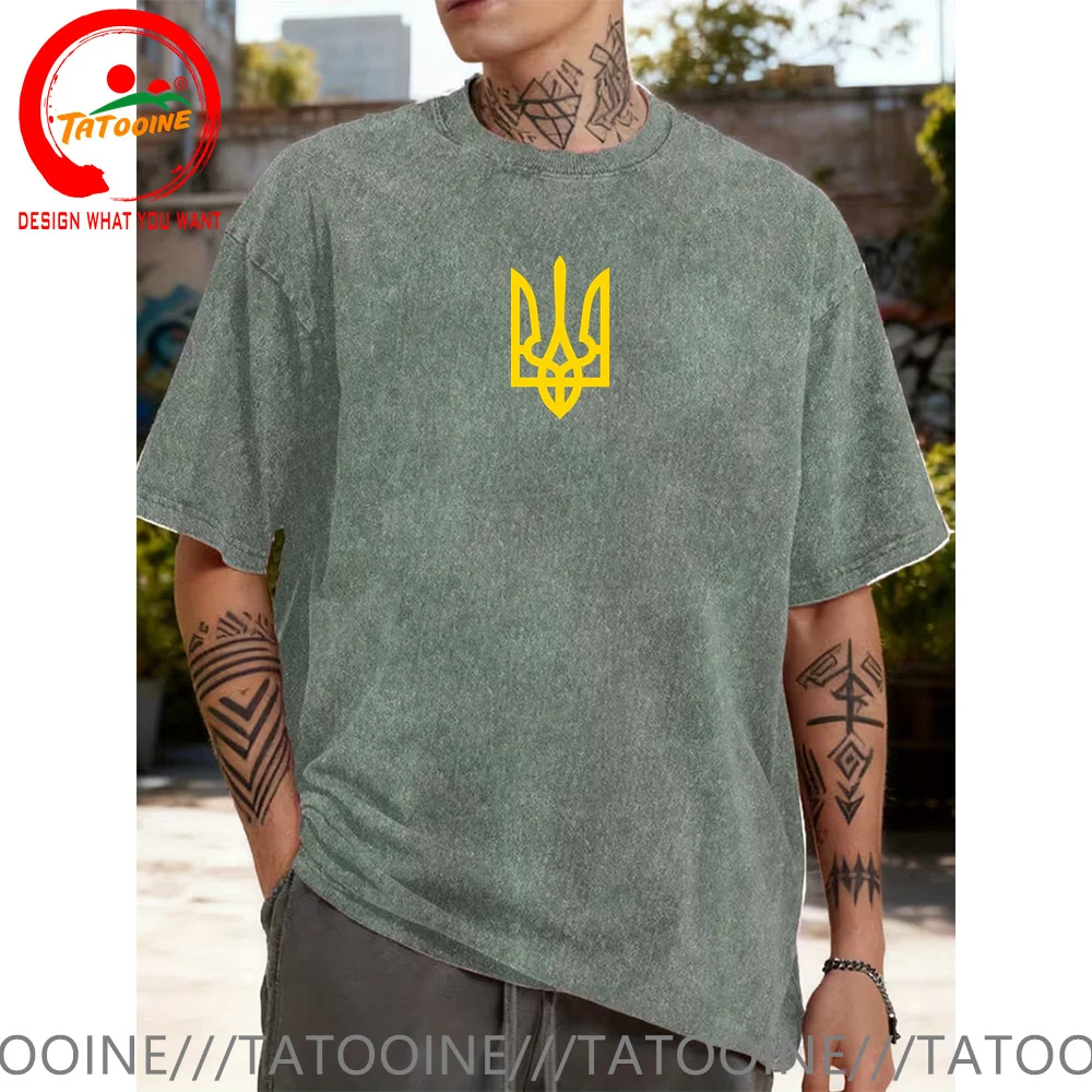 

Vintage Washed Cotton T Shirt Ukraine National Emblem Trend Iconic T-shirt Men's Ukrainian Flag T-shirt Retro Ukraine T-shirts