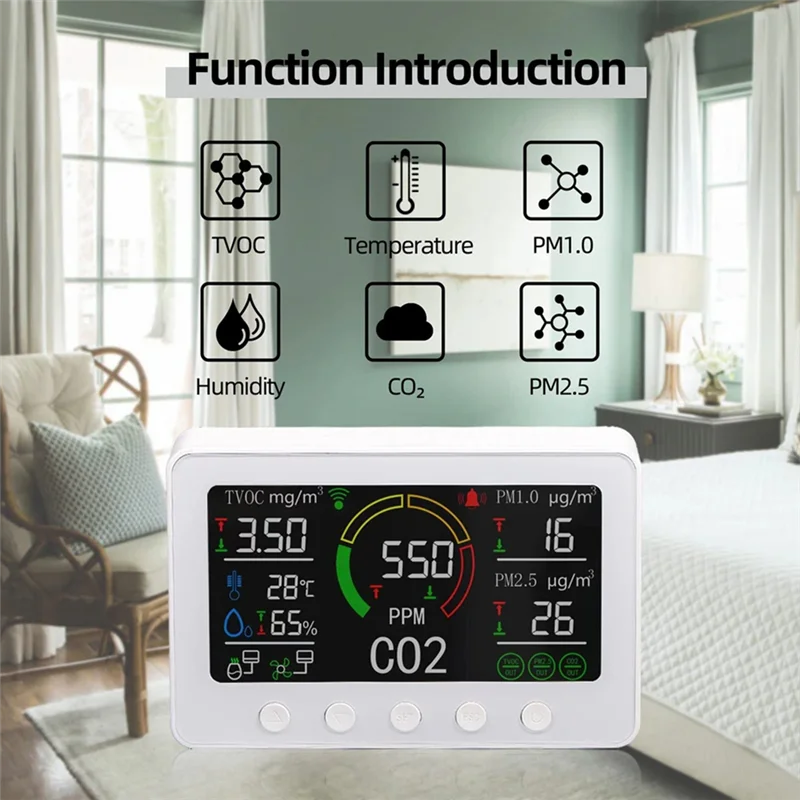 Tuya WiFi Co2 Sensor 6 in 1 Smart Air Quality Sensor Temperature Humidity Detector Color Screen Display US Plug