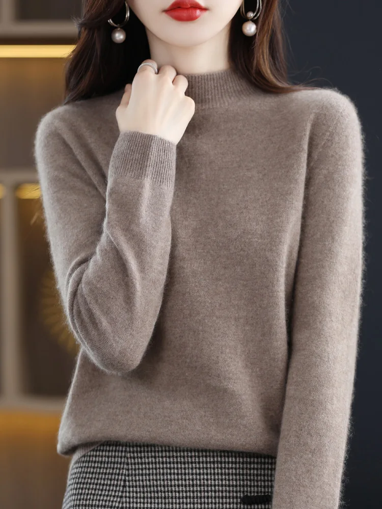 Long Sleeve 100 % Merino Wool Sweaters Cashmere  Pullover Autumn Winter  Mock Neck Women Knitted Tops Clothing Basic Knitwear