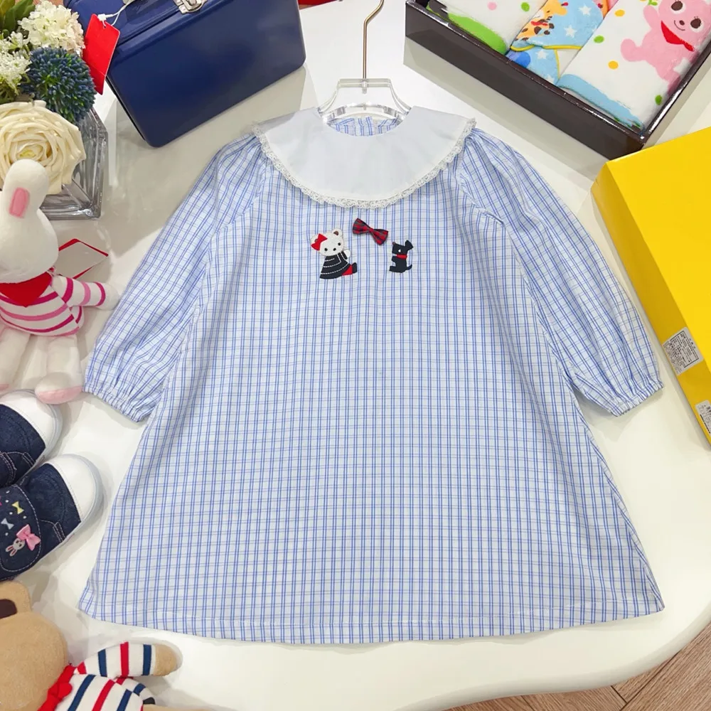 

Japanese and Korean style girls' dress Spring long sleeved dress Cartoon pattern blue checkered large lapel dress