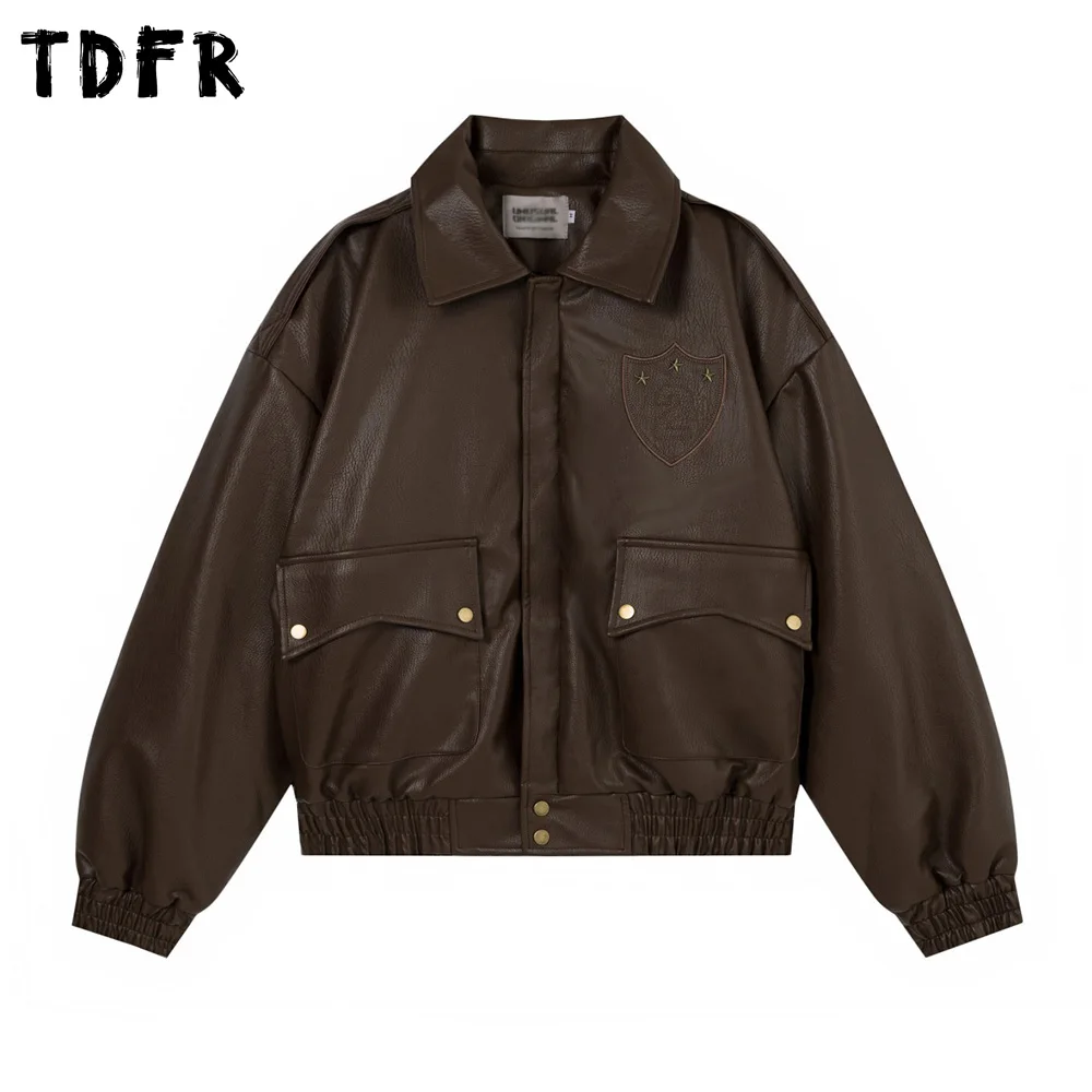 

Spliced Embroidery PU Leather Padded Jacket Mens Retro Casual Lapel Long Sleeve Thick Motorcycle Quilted Jacket Man