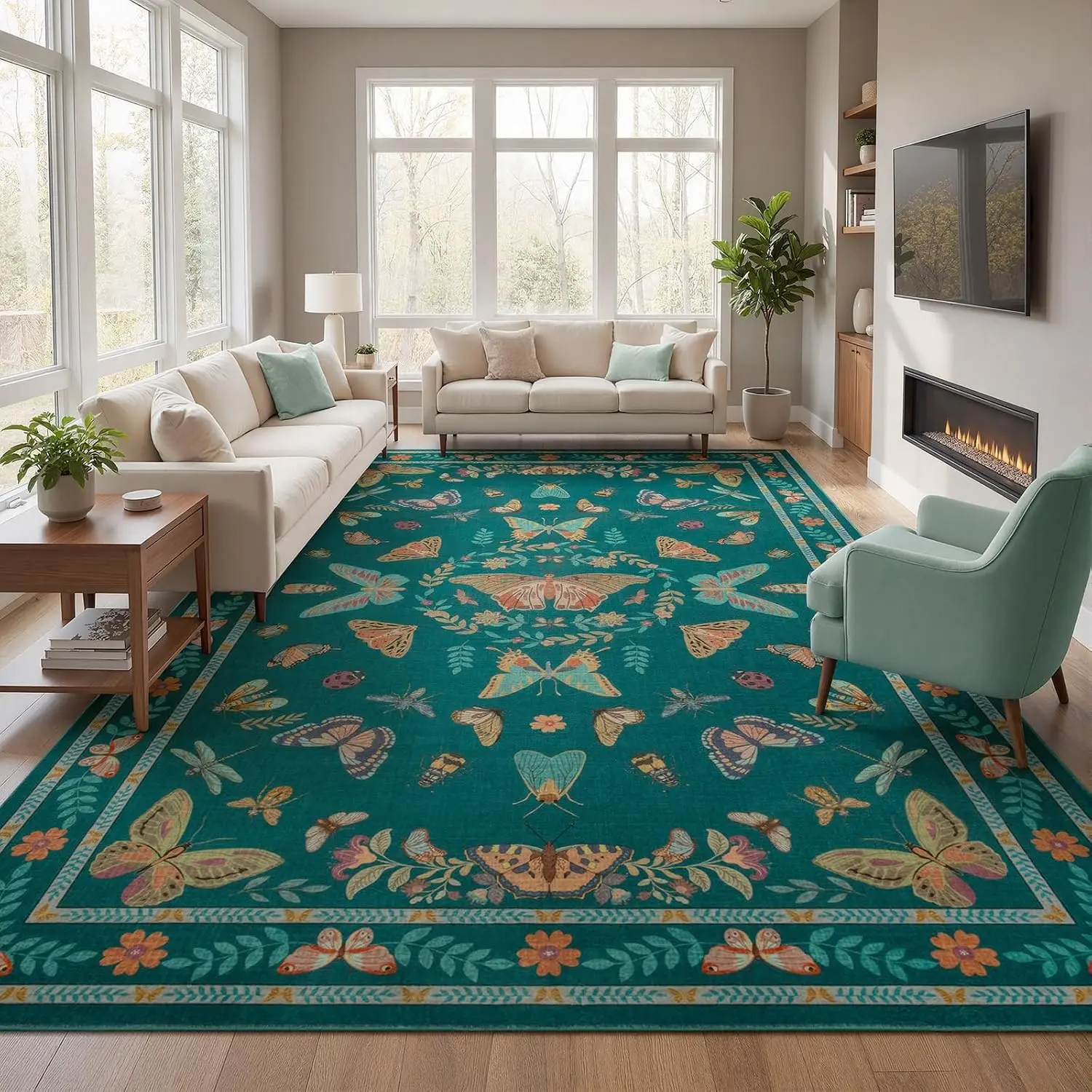 Large 9x12 Dark Blue Insect Bug Boho Washable Area Rug Non Slip Low Pile Indoor Carpet for Bedroom Dining Room Office