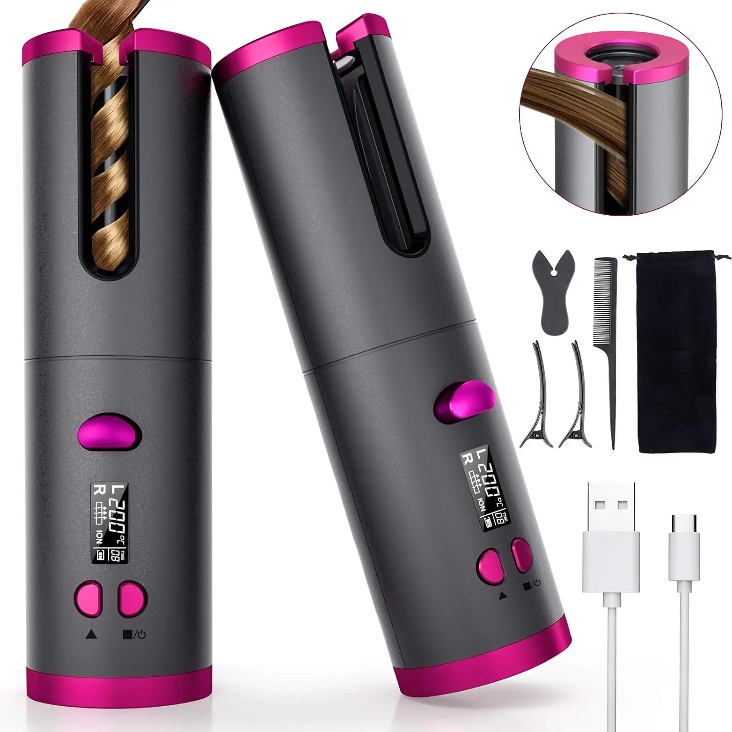 Automatic Wireless Hair Curler Cordless Rotating USB Rechargeable Curling Iron Display Temperature Adjustable Timing Hair Curler