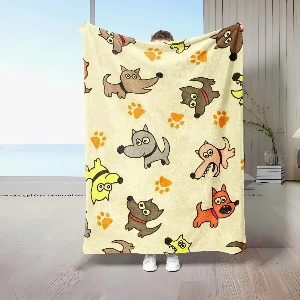 Simple Cartoon Puppy & Paw Print Throw Blanket, Light Cream Background Colorful Dog Pattern Soft Flannel Cozy Blanket, Warm Deco