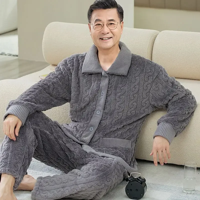 Male Winter Middle Age Loungewear Elderly Men Pajamas Thick Fleece Sleepwear Grandfather Comfort Home Clothes Set Outside Wear