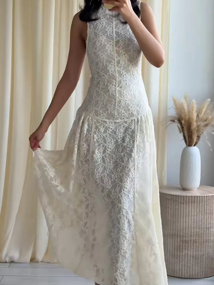 

Elegant Lace Sleeveless Halter Dress Women Chic Off Shoulder High-waisted Long A-line Dresses 2026 Lady Evening Party Vestidos