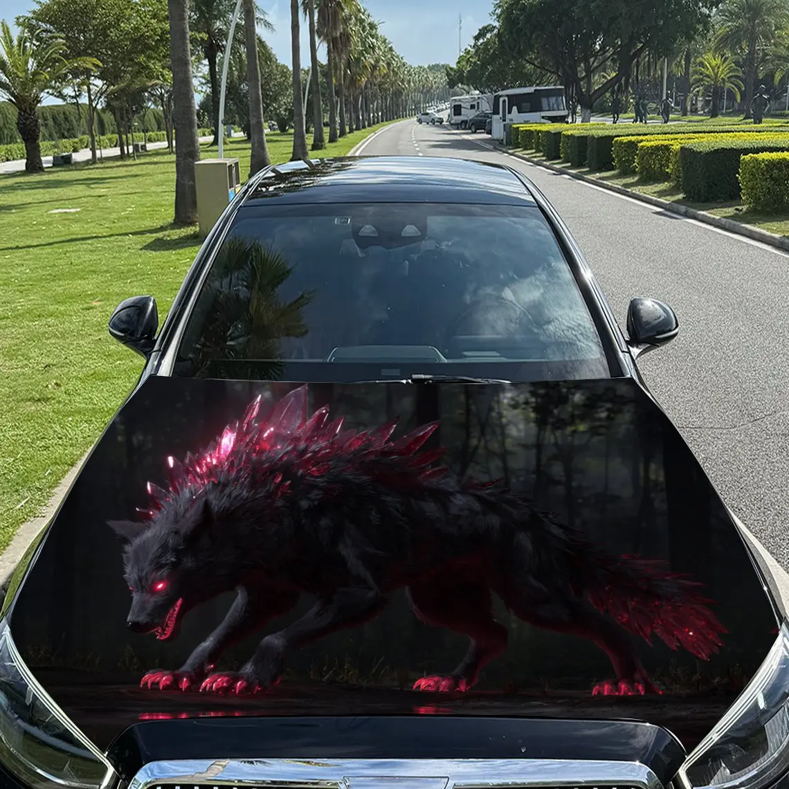 Evil Red Crystal Wolf in the Black Forest Car Vinyl Wrap, PVC Material Waterproof Car Hood Sticker, Self-Adhesive Scratch-Resist