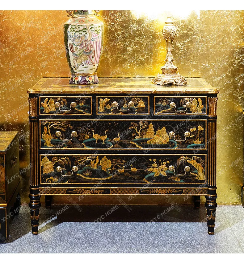 Solid wood painted chest cabinet high-end villa living room storage decorative cabinet palace engraving hand-painted entrance