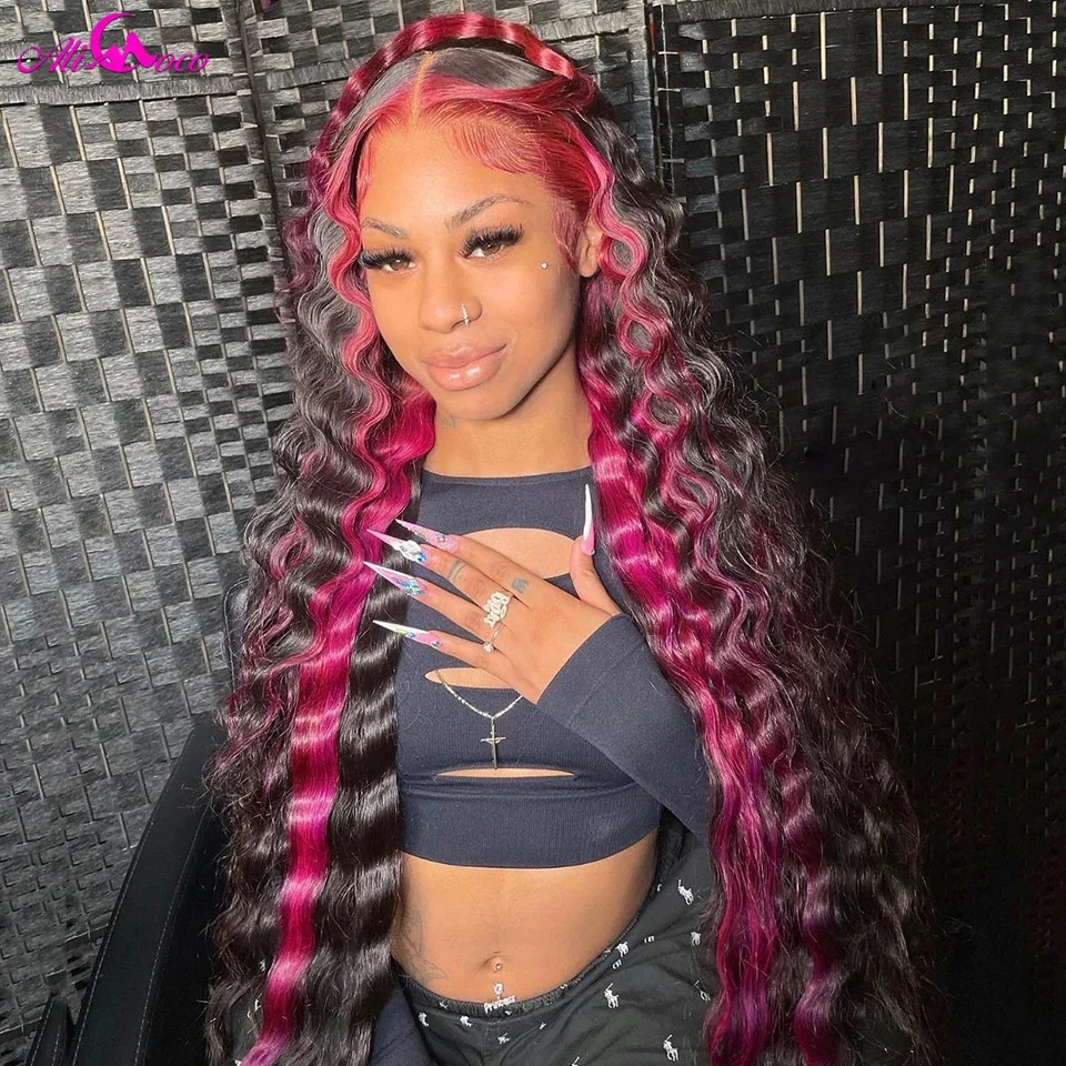 

13x4 Pink And Black Deep Wave Lace Front Wigs Human Hair Pre Plucked Deep Wave Lace Frontal Wigs Human Hair 180 Density