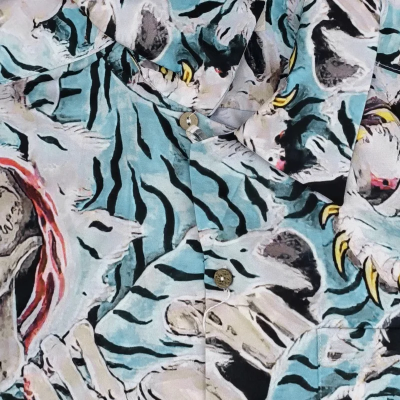 WACKO MARIA Mens High Street Casual Trendy Tiger Totem Skull Full Print Hawaii Long Sleeve Shirt Womens Brand Shirt