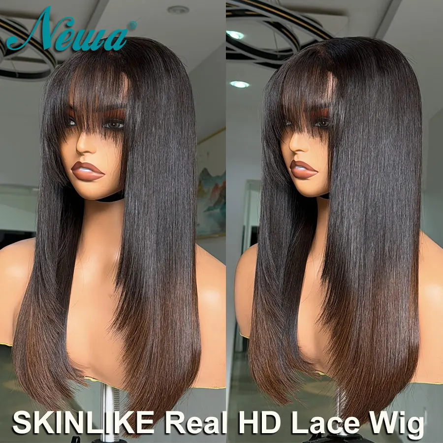 Newa Hair Skinlike Real HD Lace Wig With Bangs Ombre Colored Human Hair Glueless HD Lace Closure Wig 5x5/6x6/13x6 Invisible HD