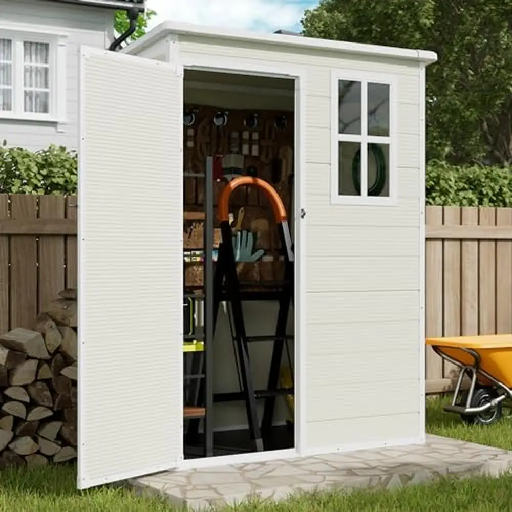 Resin Outdoor Storage Shed Lockable Door Double-Wall Design Waterproof Sandstone Garden Bike Garage Accessories Yard Pet House