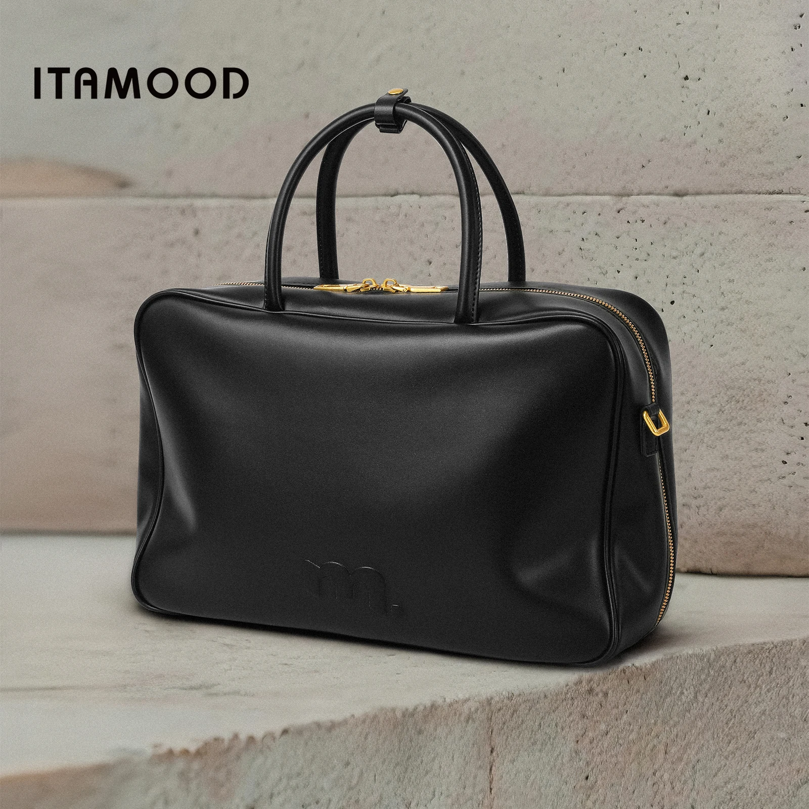 

ITAMOOD Large Bowling Bag boston bag bags for Women Black Cowhide Briefcase Work Commuting Handle Bag Shoulder Strap Crossbody