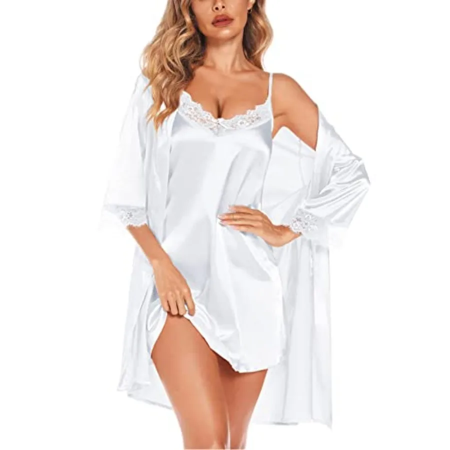 SWOMOG Women's Satin Robe Set 2 Piece Sexy Pajamas Sets Lace Cami Nightgown and Silk Robes Nightwear