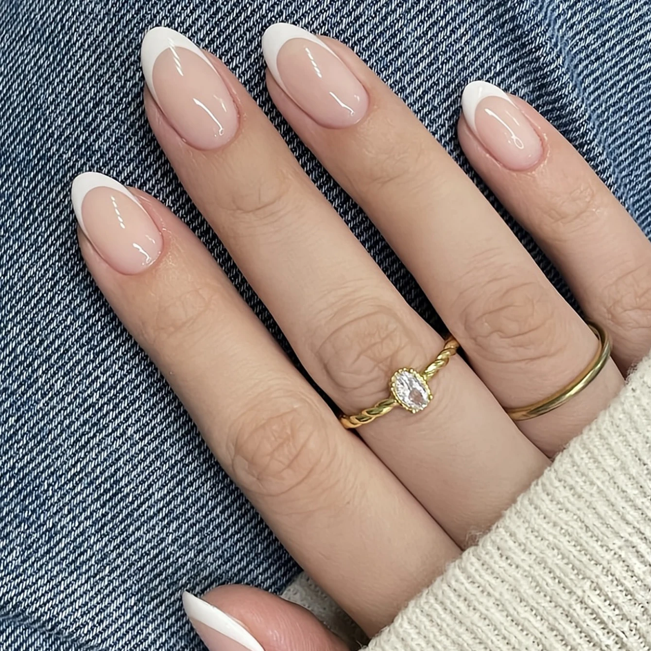 24 Uds.-uñas de almendra con borde blanco francés, juego de Arte de uñas blanqueador con uñas postizas desmontables para Festival, fecha y uso diario