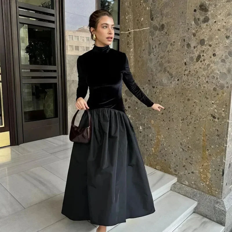 Elegant Velvet Patchwork Pleated Hem Maxi Dress Fashion Black Turtleneck Full Sleeve A-line Robes 2025 Lady Slim Party Gowns