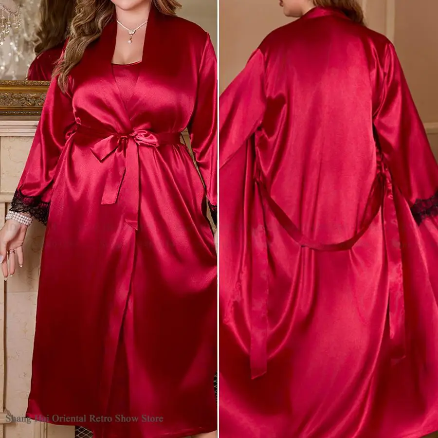 Bata de satén de seda de talla grande 3XL 4XL 5XL, bata de baño tipo kimono larga, novedad de verano, ropa de dormir, camisón, ropa de casa holgada, ropa de descanso