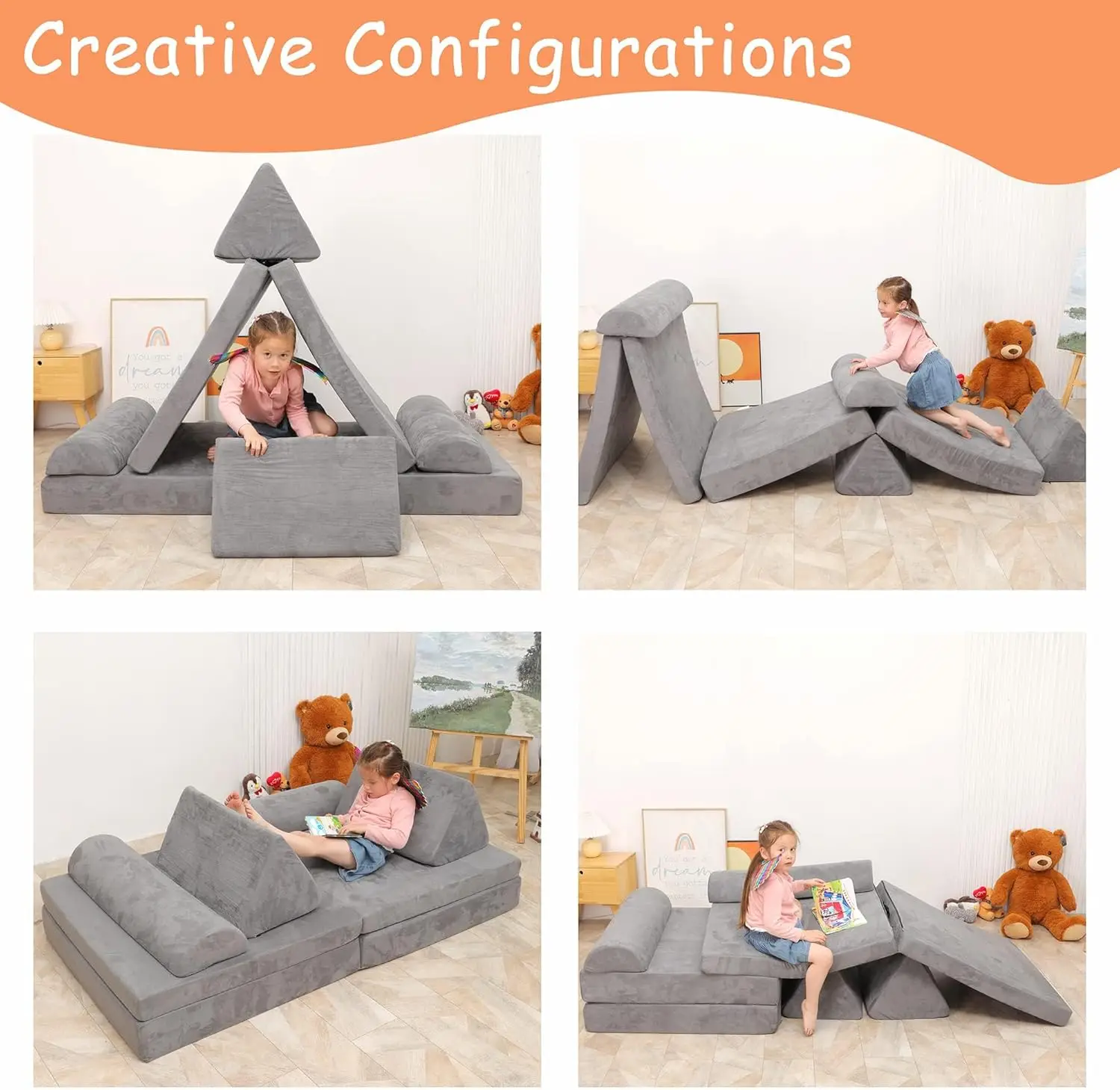 Play Couch Sofa for Kids Large Size, Modular Kids Play Couch, Kids Couch Building Fort for Playroom Bedroom, Children Convertibl